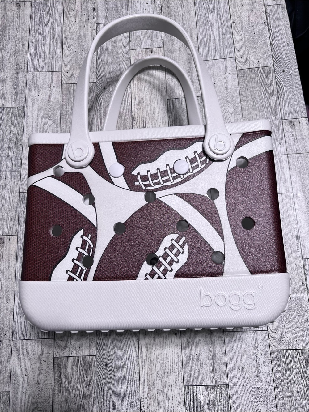 Bitty Bogg Bag Tote Bag Womens Small Brown Football Print Rubber Pouch Sports